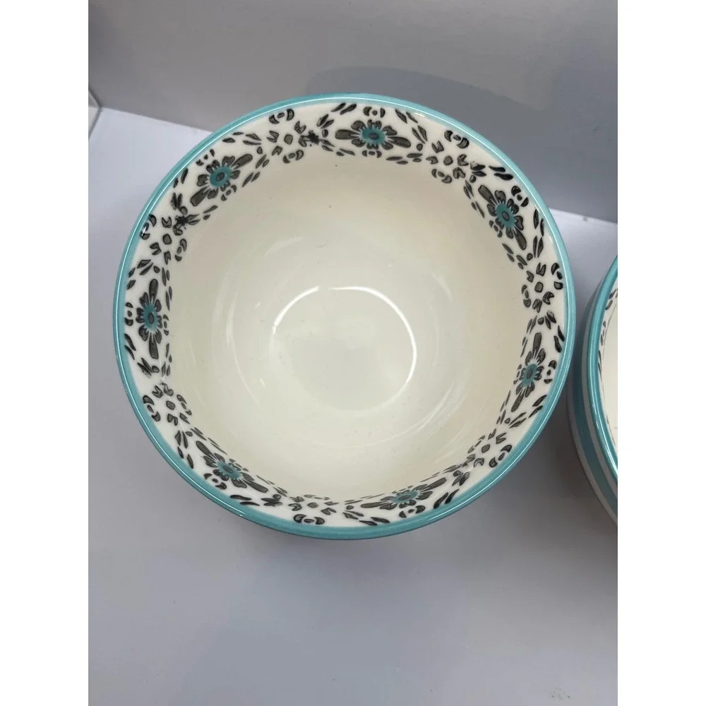 World Market Ceramic Bowls Set‎ of 2 Turquoise Navy Blue Striped Floral 5 Inch